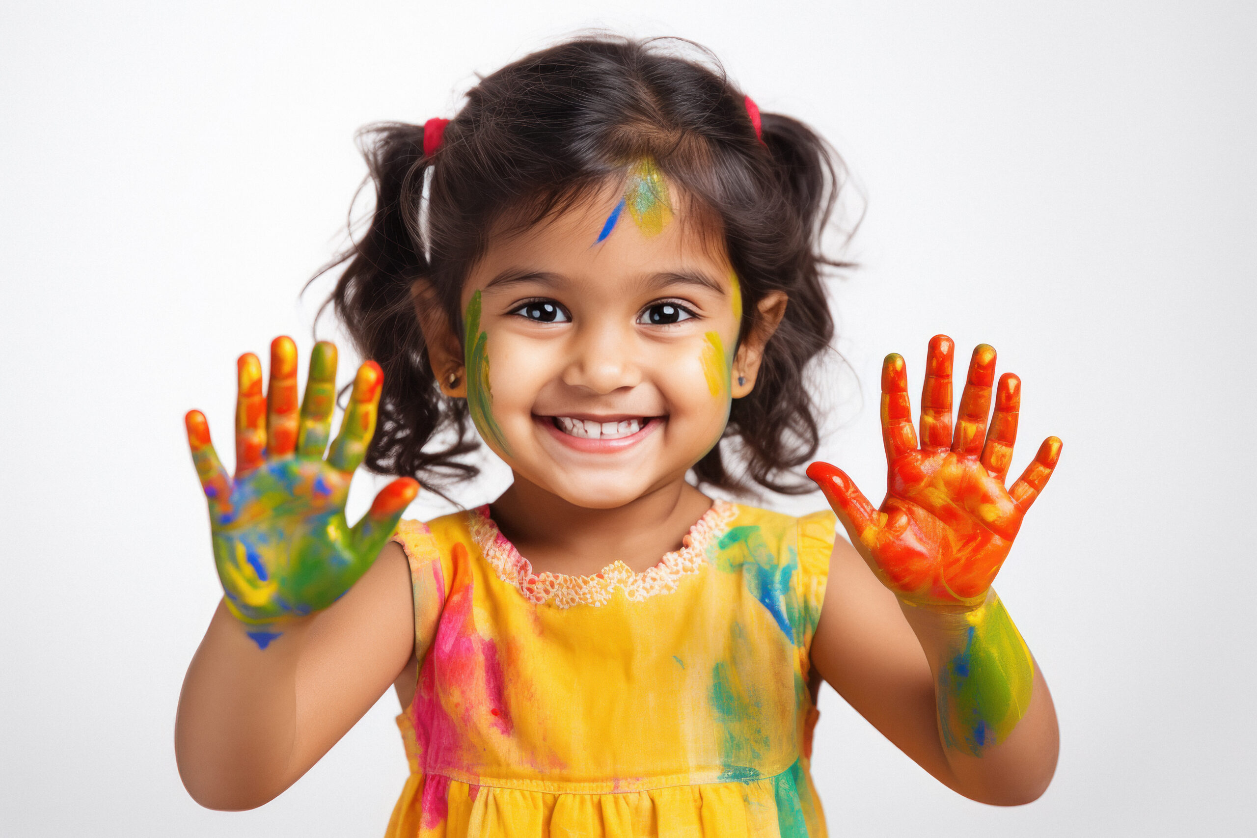 indian little girl child showing her colored hands smiles scaled